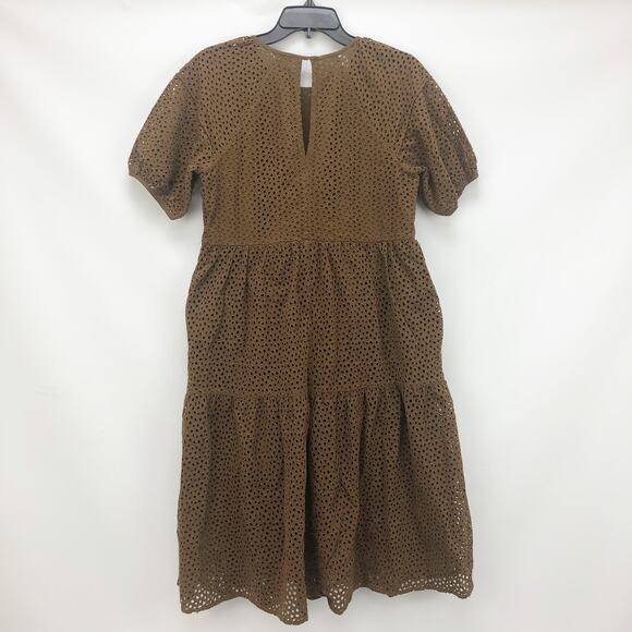 Everlane The Tiered Eyelet Dress XS Midi Cotton Walnut Brown Short Sleeve NWT - Picture 6 of 8